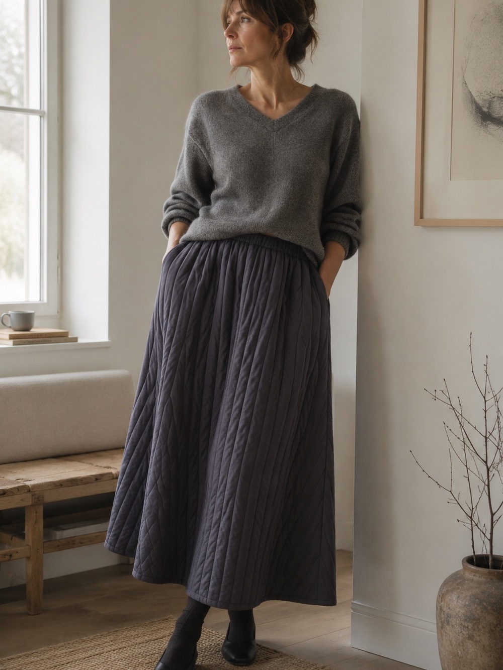 Black Crane Quilted A-Line Midi Skirt Gray XS Minimalist Cotton Lagenlook Chic